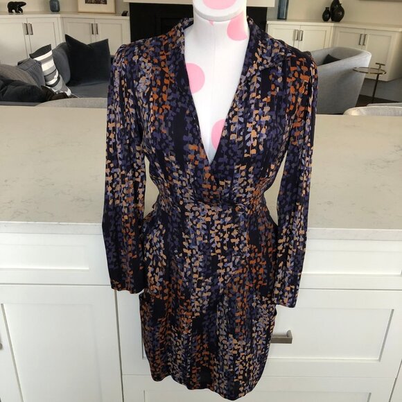 Reiss Esmerelda-Coco Moon Print Deep V Nk Mini Dress Navy Burnt Org Tan Sz 6 NWT - Picture 16 of 16
